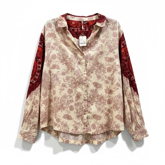 Free People Rose Bud Paisley Button Down Shirt Cotton Long Sleeve Blouse M NWT - Picture 1 of 16